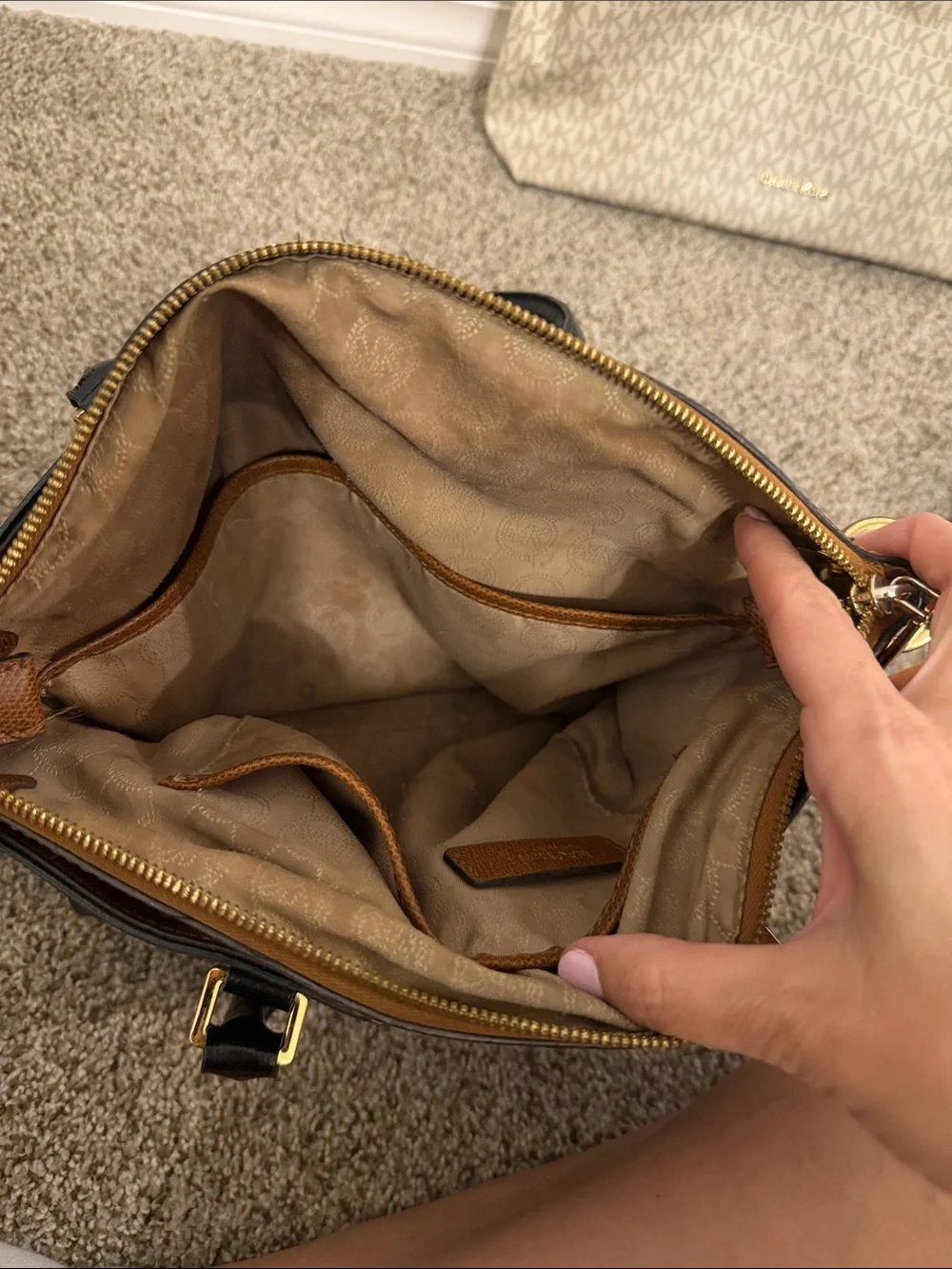 Michael Kors Brown and Cream MK Logo Shoulder Bags Duo